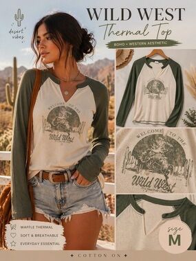 Cotton On Wild West Graphic Thermal Top Raglan Long Sleeve Green Cream